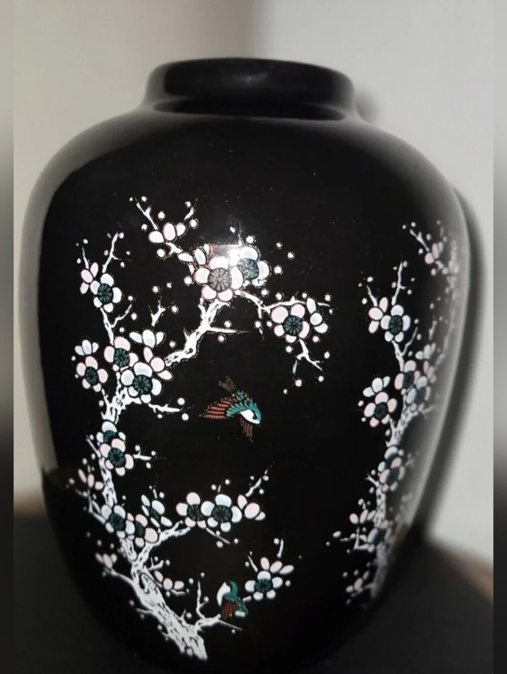 Black Floral Cloisonné Vase with Teal & Pink Bird Motif